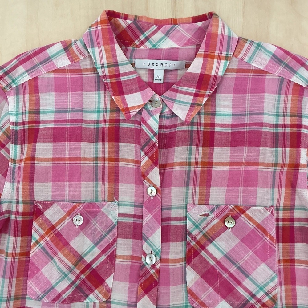 Foxcroft Shirt Womens 8P Pink Plaid Cotton Roll Tab Sleeve Button Up Preppy